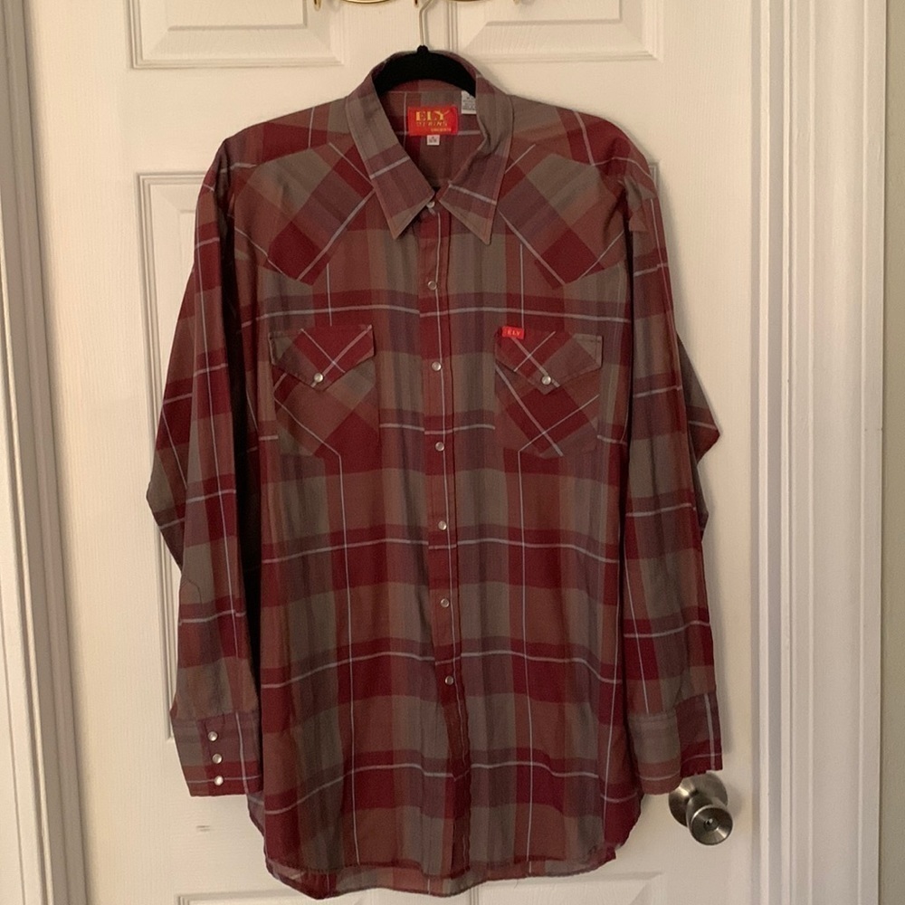 Ely Plains Maroon & Gray Plaid Western Shirt Size 18-34/35 #158